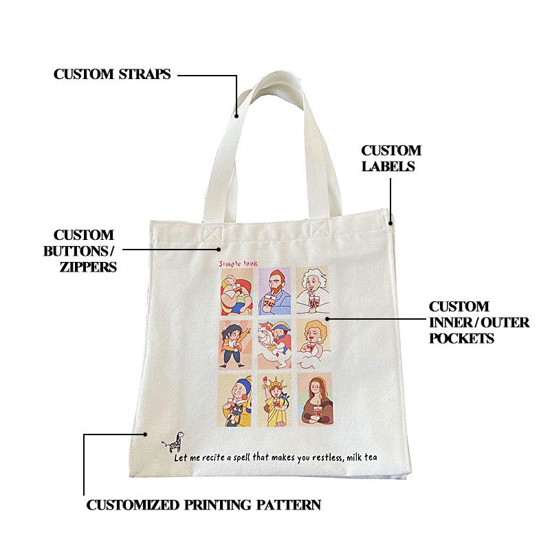 Hoshom Wholesales Personalized Custom Logo Anime Print Cotton Canvas Bags, With Prints Available On the Sides And Bottom.