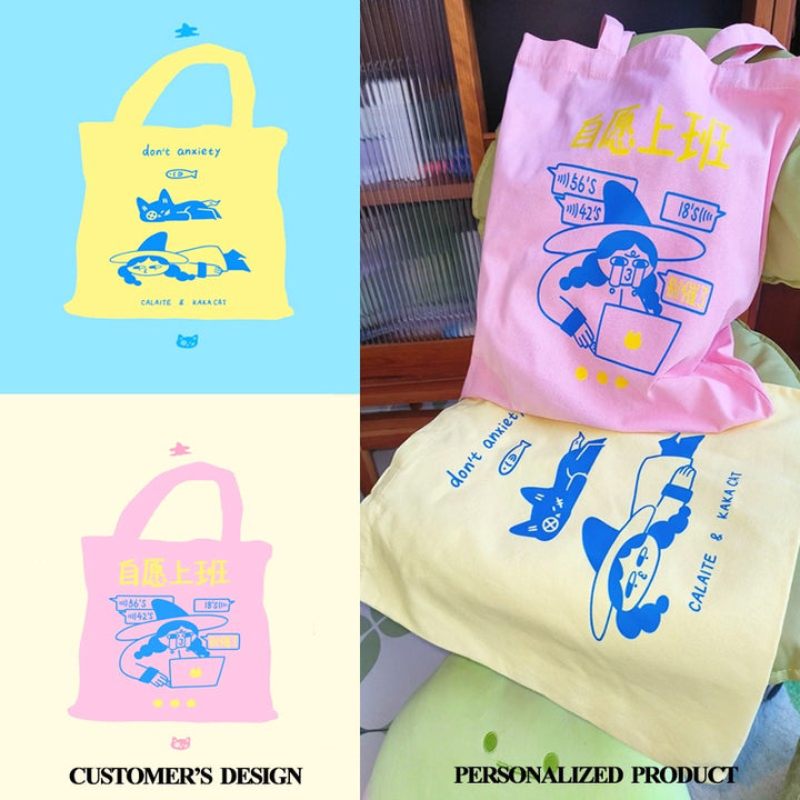 Hoshom Wholesale Custom Logo & Anime Print Horizontal Cotton Canvas Bags With Flat Bottoms And No Side Seams